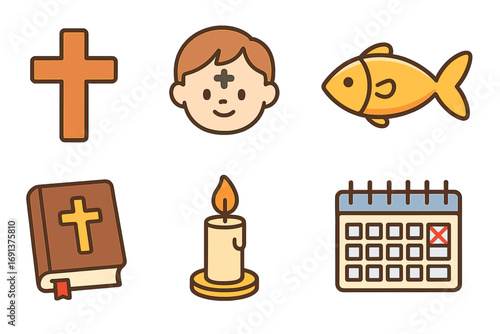 Lent Symbols Icons. Flat vector mini-illustrations Lent observance symbols in colors children's illustrations: cross, ashes on