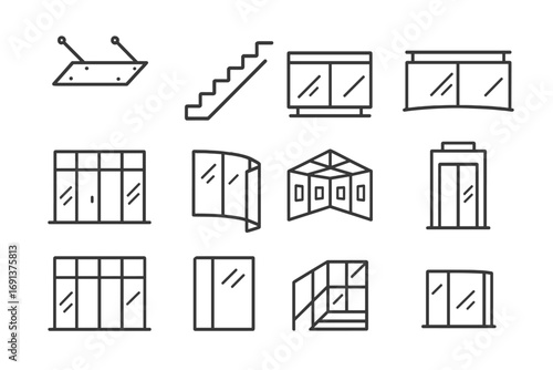 Glass Structure Icon Set. Outline icon set of structural glass projects: canopy, glass staircase, glass