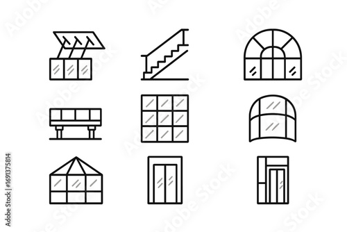 Glass Structure Icon Set. Outline icon set of structural glass projects: canopy, glass staircase, glass