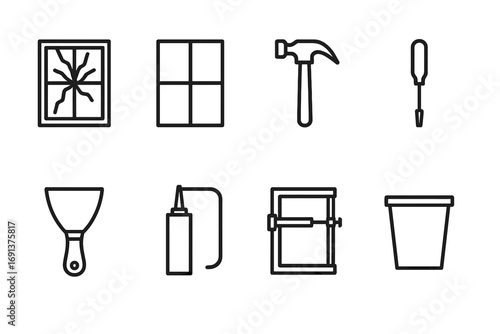 Window Repair Icons. Outline icon set of repairing broken windows: cracked glass, replacement pane, hammer,