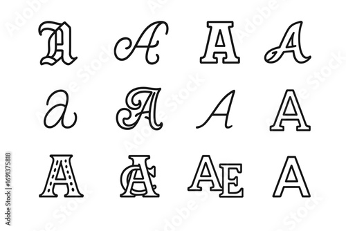 Outline Lettering Icon Set. Outline icon set of lettering styles: gothic script, cursive swirl, block serif, brush lettering,