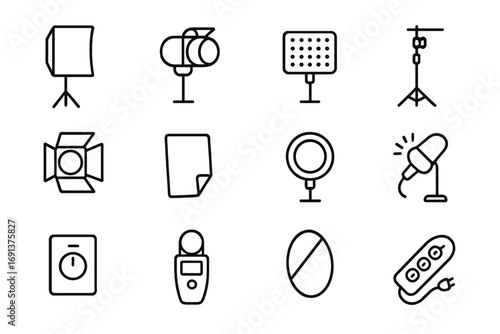 Lighting Equipment Icons. Outline icon set of lighting equipment: softbox, spotlight, LED panel, C-stand, light barn doors, light