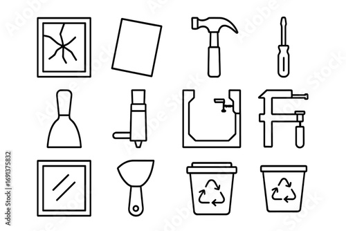 Window Repair Icons. Outline icon set of repairing broken windows: cracked glass, replacement pane, hammer,