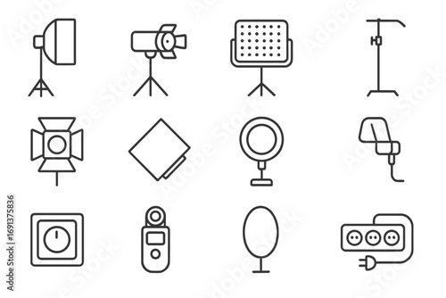 Lighting Equipment Icons. Outline icon set of lighting equipment: softbox, spotlight, LED panel, C-stand, light barn doors, light