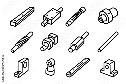 Linear Motion Icon Set. Outline icon set of Linear motion & guides: linear rail, carriage block, ball screw, ball nut, lead screw,