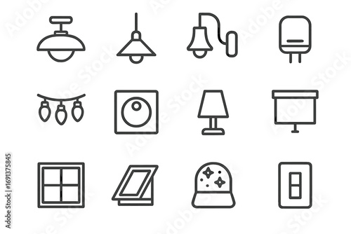 Lighting Icons Grid. Outline icon set of lighting and ambiance: ceiling light, pendant lamp, wall sconce, nightlight, string