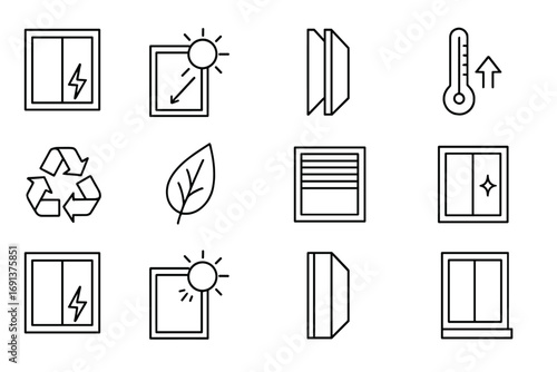 Eco Glazing Icon Set. Outline icon set of eco-friendly glazing: energy-efficient window, solar control glass,