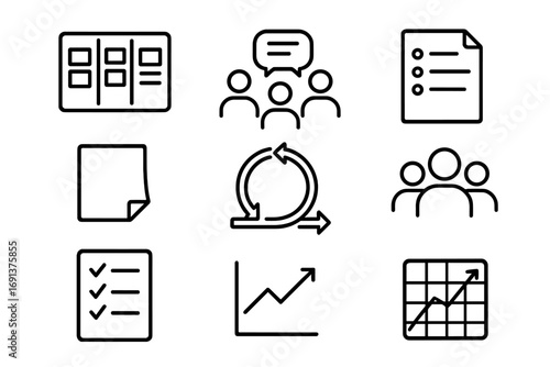 Agile Icons Overview. Outline icon set of agile project management: sprint board, scrum standup icon, backlog