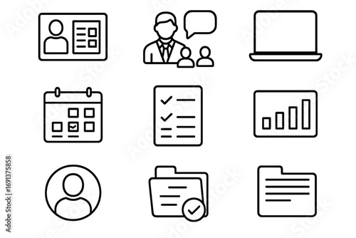 Project Management Icons. Outline icon set of a professional managing a project team with a digital tool: