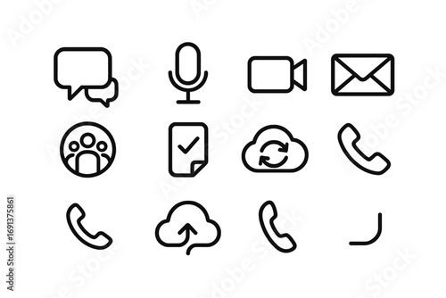 Communication Icon Set. Outline icon set of communication in project teams: chat bubble, microphone, video