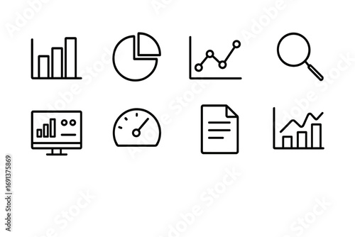 Analytics Icon Set. Outline icon set of reporting and analytics: bar chart, pie chart, line graph, magnifying