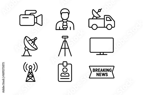 Live Reporting Icons. Outline icon set of reporting live: video camera, reporter with microphone, news van, satellite dish, tripod