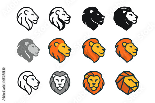 Lion Logo Variations. Set Logo of Animals: Lion. Logo set in vector style, emblematic variations. line, bold thick line, solid