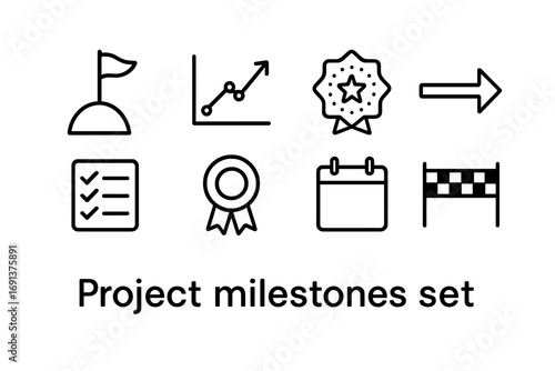 Project Milestones Icons. Outline icon set of project milestones: flag on hill, progress chart, star badge,
