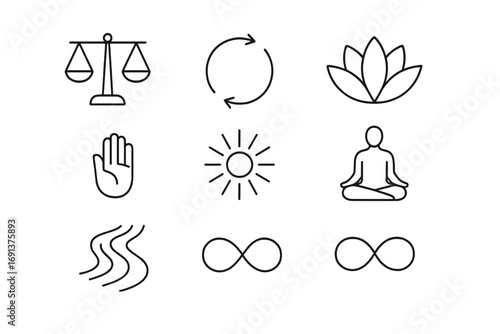 Karma Icon Set. Outline icon set of the concept of karma: balance scale, circular arrows, lotus flower, open