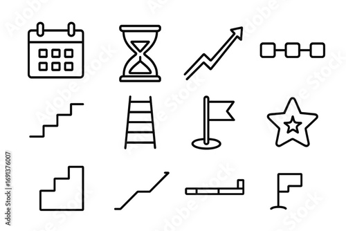 Task Icon Grid. Outline icon set of long-term vs. short-term tasks: calendar page, hourglass, growth arrow,