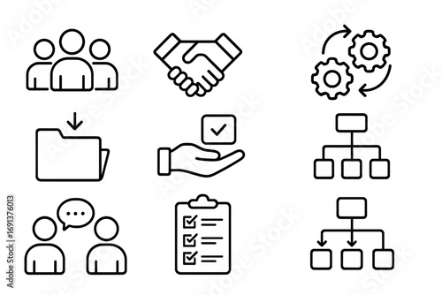 Task Delegation Icons. Outline icon set of delegating tasks: team avatars, handshake, gear arrows, shared