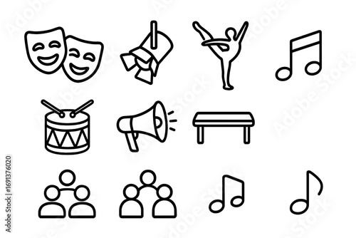 Performance Art Icons. Outline icon set of performance art activism: theater mask, spotlight, dancer, drum,