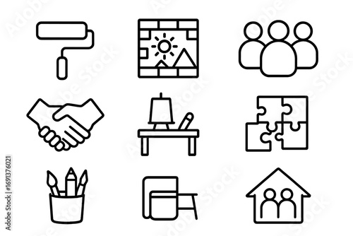 Community Art Icons. Outline icon set of community art projects: paint roller, wall mural, group of people,