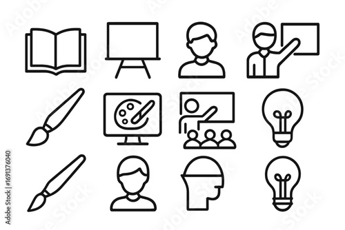 Art Education Icons. Outline icon set of art in education for change: open book, chalkboard, student icon,