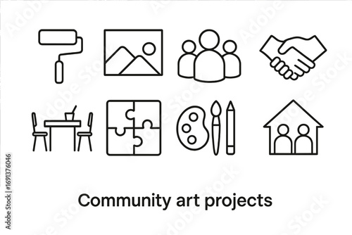 Community Art Icons. Outline icon set of community art projects: paint roller, wall mural, group of people,
