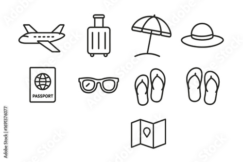 June Travel Icons. Outline icon set of June holiday travel: airplane, suitcase, beach umbrella, sun hat,