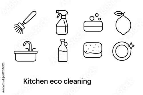 Eco Kitchen Icons. Outline icon set of kitchen eco cleaning: dish brush, vinegar spray, soap bar, lemon, sink,