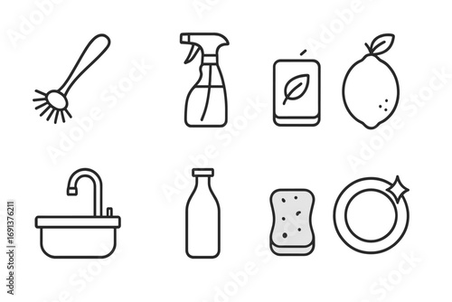 Eco Kitchen Icons. Outline icon set of kitchen eco cleaning: dish brush, vinegar spray, soap bar, lemon, sink,