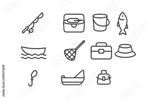Fishing Icons Set. Outline icon set of fishing outing: fishing rod, bait box, bucket, caught fish, boat,