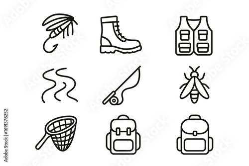 Fly Fishing Icons. Outline icon set of fly fishing: fly lure, wading boots, fishing vest, river stream, rod,