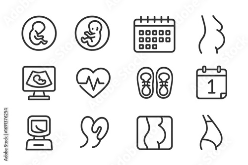 Pregnancy Stages Icons. Outline icon set of stages of pregnancy: embryo, fetus, calendar months, growing belly