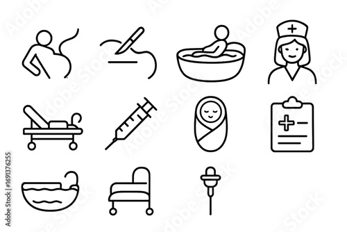 Childbirth Methods Icons. Outline icon set of childbirth methods: natural birth icon, C-section symbol, water
