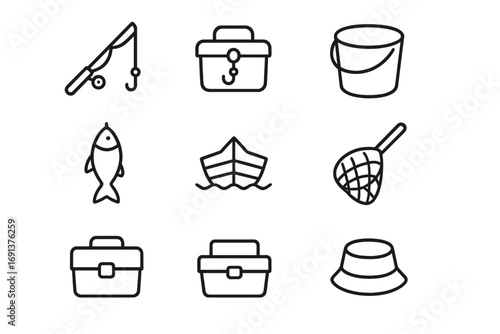 Fishing Icons Set. Outline icon set of fishing outing: fishing rod, bait box, bucket, caught fish, boat,