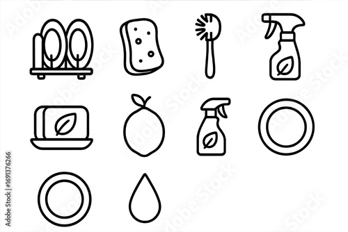 Eco Dishwashing Icons. Outline icon set of eco-friendly dishwashing: dish rack, sponge, wooden brush, eco soap
