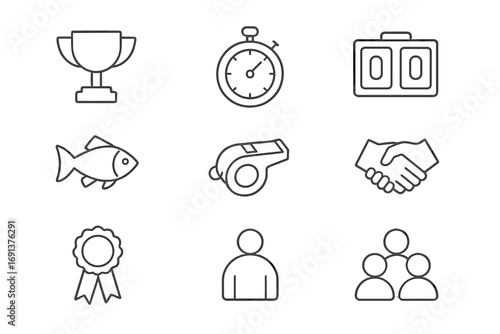 Fishing Competition Icons. Outline icon set of fishing competitions: trophy, stopwatch, scoreboard, caught