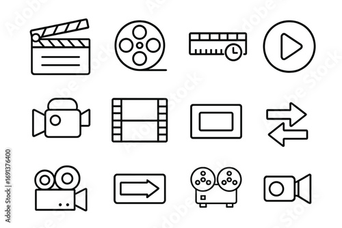 Cinematic Icons Grid. Outline icon set of cinematic time-lapse effects: clapperboard, film reel, video camera,