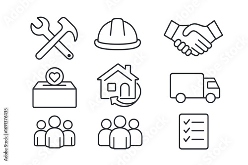 Community Recovery Icons. Outline icon set of community recovery: repair tools, construction helmet, house