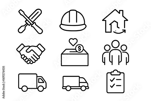Community Recovery Icons. Outline icon set of community recovery: repair tools, construction helmet, house