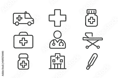 Healthcare Storm Icons. Outline icon set of healthcare in storms: ambulance, medical cross, doctor figure,