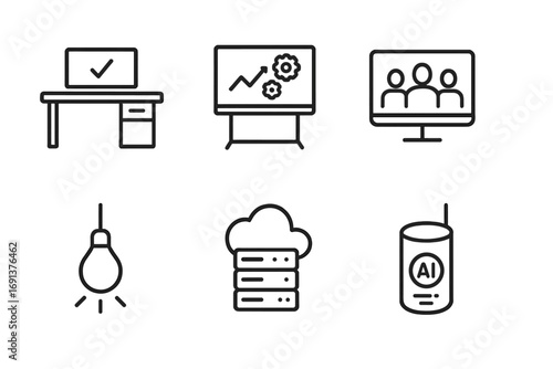 Smart Office Icons. Outline icon set of smart office technology: smart desk, digital whiteboard, video