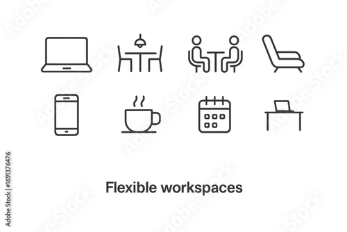 Flexible Workspace Icons. Outline icon set of flexible workspaces: laptop, coworking desk, shared hub, lounge