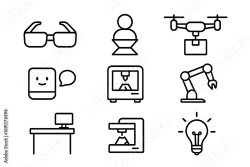 Future Office Icons. Outline icon set of future smart office trends: AR glasses, hologram, drone delivery, AI