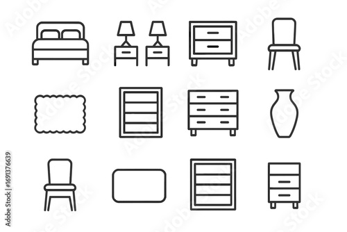 Matching Furniture Icons. Outline icon set of matching furniture pieces: double bed, bedside lamps, mirrored