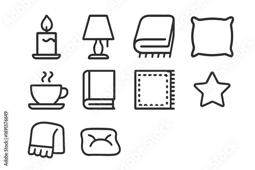 Cozy Evening Icons. Outline icon set of relaxing evening ambiance: candle, lamp, blanket, pillow, tea cup,