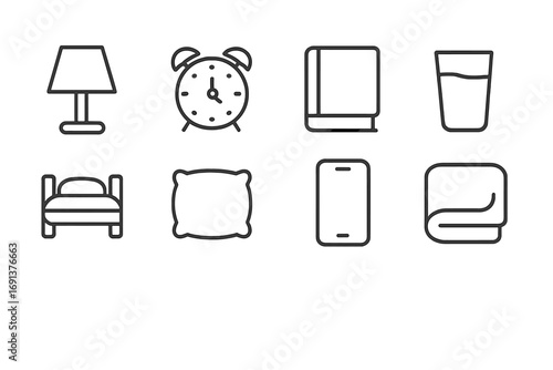 Bedroom Essentials Icons. Outline icon set of bedroom night essentials: lamp, clock, book, water glass, bed,