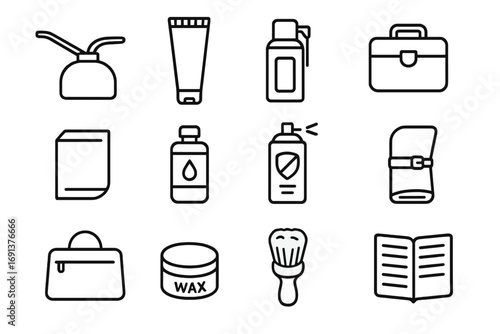 Lubrication Tool Icons. Outline icon set of lubricating and protecting tools: oil can, grease tube, lubricant spray, protective