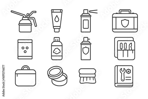 Lubrication Tool Icons. Outline icon set of lubricating and protecting tools: oil can, grease tube, lubricant spray, protective
