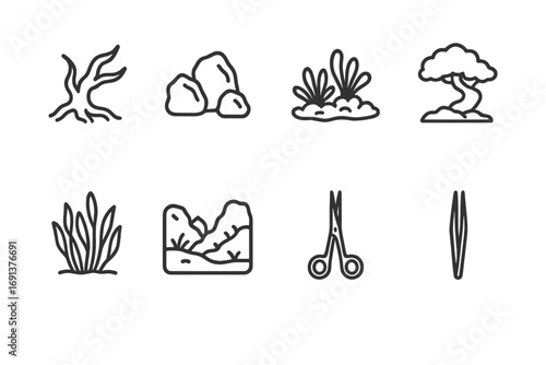 Aquascaping Icon Set. Outline icon set of aquascaping: driftwood, stone arrangement, carpet plants, bonsai