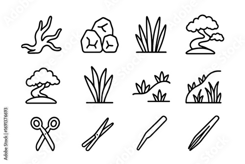 Aquascaping Icon Set. Outline icon set of aquascaping: driftwood, stone arrangement, carpet plants, bonsai