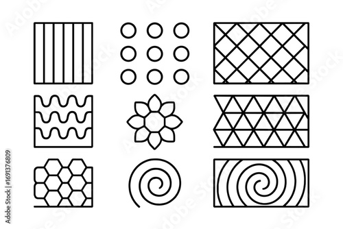 Geometric Icon Collection. Outline icon set of geometric curtain and textile prints: striped pattern, dotted